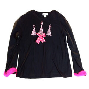 Shane Lee Inc Christmas Holiday Sweater Black XL Pink Trees Bow Made In USA